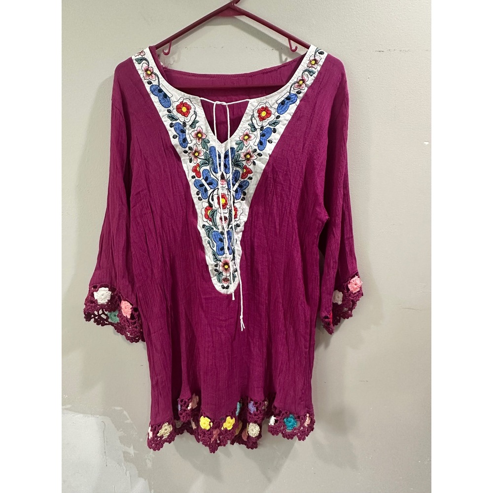 ASHA Magenta Purple Boho Floral Embroidered Crochet Trim Lace Up Tunic Top